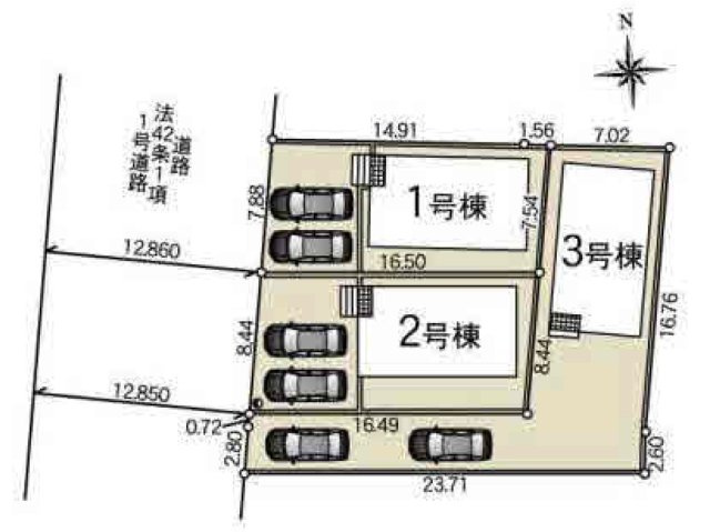 【Cradle garden】壬生町安塚 第5 全3棟の区画図
