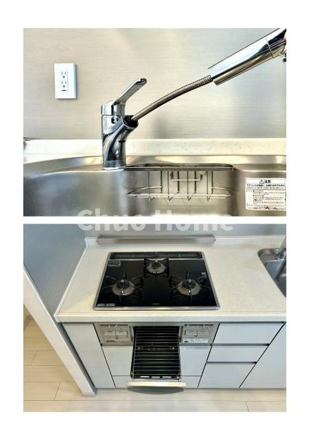 BELISTA押上駅前のキッチン|【キッチン水栓】キッチン水栓はシャワーヘッドが伸びますのでシンクの隅々まで届きます。【三ツ口コンロ】奥様に好評な三ツ口コンロと魚焼きグリルです。