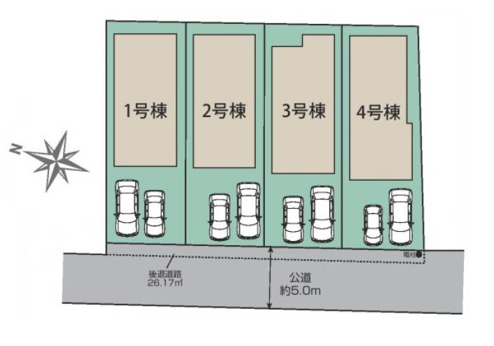 東村山市野口町2丁目・全4棟　新築一戸建　1号棟の区画図|全4棟の分譲地！全棟カースペース並列2台駐車可能です。