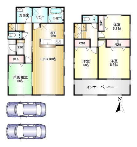 桜井市東新堂5期の間取り|4LDK 土地面積：132.32㎡　建物面積：117.58㎡　駐車スペース2台