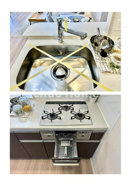 フェルクルールプレスト三ノ輪駅前のキッチン|【キッチン水栓】キッチン水栓はシャワーヘッドが伸びますのでシンクの隅々まで届きます。【三ツ口コンロ】奥様に好評な三ツ口コンロと魚焼きグリルです。