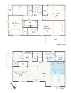 【間取り】 | 秦野市曽屋1丁目  1号棟 第2 | 都市ガス　網戸標準仕様　シャッター5箇所付　宅配BOX付機能門柱　カップボード　食洗器・浄水器　浴室乾燥機　全居室収納　SC　ファミリークローゼット　玄関上部吹抜　LDK17帖+和室4.5帖