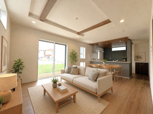 入間郡三芳町大字北永井の新築一戸建の居間・リビング|折上天井で開放的な17帖のリビング♪
※CGで加工しております。家具付物件ではございません。