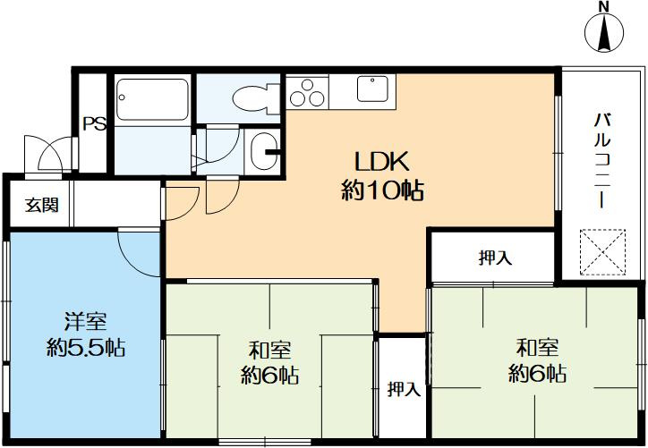 京都一乗寺コーポラスの間取り|専有面積：65.04㎡の3LDK、最上階南東角部屋住戸です。平成22年9月に室内リフォーム履歴がございます。