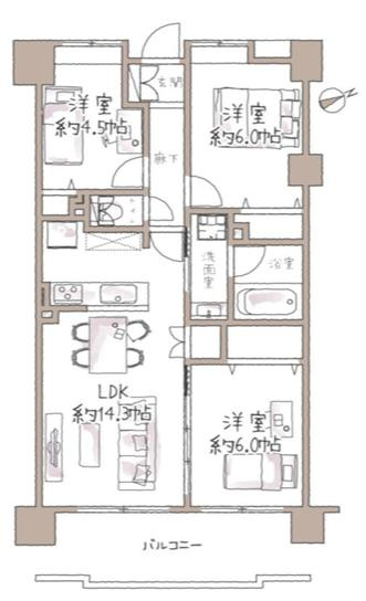 キャッスルマンション多摩センターの間取り|～南東向き3LDK　陽当たり良好、水回りがまとまっていて家事動線の良い間取り～