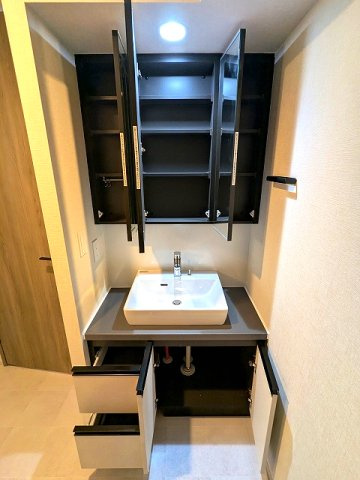 URBANEX上野の設備|トイレと独立した洗面脱衣室、三面鏡付洗面台、左下にヘルスメーターストックあります