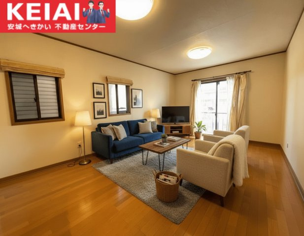 安城市里町１丁目　中古戸建の居間・リビング|南向きで明るいLDK15畳
※本画像はAIによる家具配置です。実際の仕様とは異なる場合があります。リ