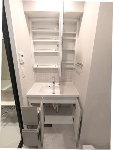SEASON FLATS浅草六丁目の設備|トイレと独立した洗面脱衣室、2面鏡付ハンドシャワー付洗面台、洗面台下にはヘルスメーターストックあります