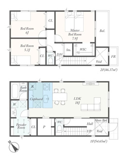 【間取り】 | 秦野市曽屋1丁目  4号棟 第2 | 都市ガス　網戸標準仕様　シャッター4箇所付　宅配BOX付機能門柱　カップボード　室内物干し2箇所　食洗器・浄水器　浴室乾燥機　玄関上部吹抜　全居室収納　パントリー　LDK18帖　メイン洋室7.9帖
