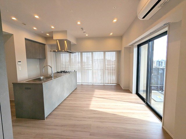 SEASON FLATS浅草六丁目の設備|東側の窓にブラインド付き、南向き角部屋日当り眺望良好、カウンターアイランドキッチン、リビングからスカイツリー隅田川花火見えます、エアコン3台付、リビングにダウンライト