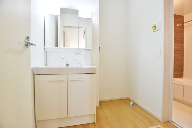 テラシエ立花3丁目新築一戸建ての独立洗面台|三面鏡裏にはスキンケア化粧品などの小さなものを、洗面ボウル下には洗剤やタオルのような大きなものを、それぞれ収納できるので、いつもスッキリと片付け出来ます。