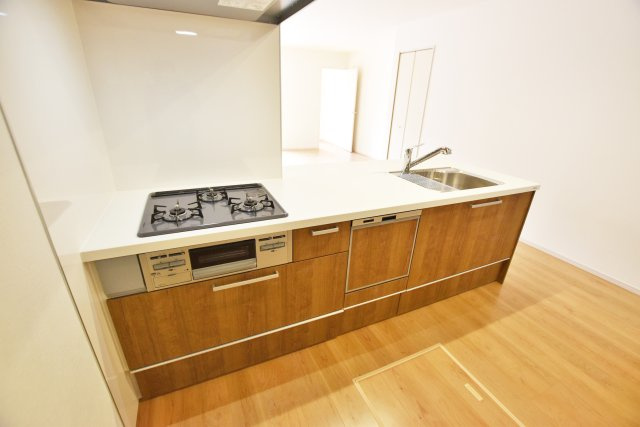 テラシエ立花3丁目新築一戸建てのキッチン|ナチュラルテイストのキッチンは床材や建具ともマッチし、周りの空間に溶け込んでいるが◎