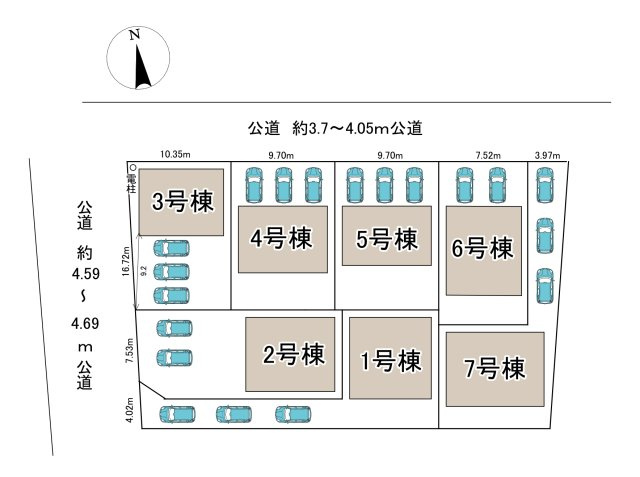 みよし市福田町屋敷浦　全7棟の区画図|全体区画数｜全7棟
◆駐車２～３台可能！(但し、車種による)
◎まずは、お気軽にお問い合わせください。現地を案内しながら周辺環境も見て頂けます。