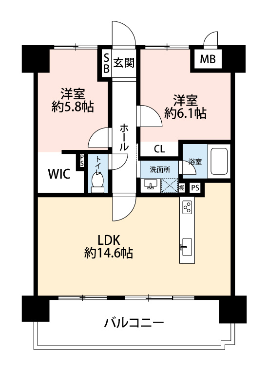 ハイマート若松の間取り|LDK約14.6帖、洋室約6.1帖クローゼット付き、洋室約5.8帖ウォークインクローゼット付きです
