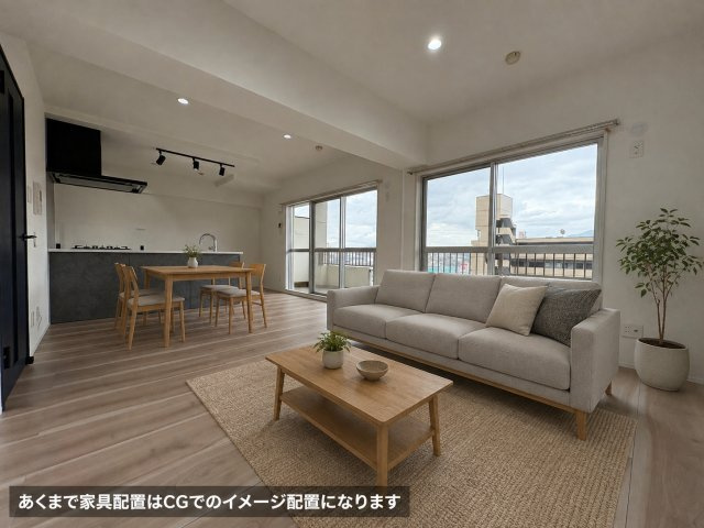 ハイマート若松の居間・リビング|広々約14.6帖、調光ダウンライト設置済みです。