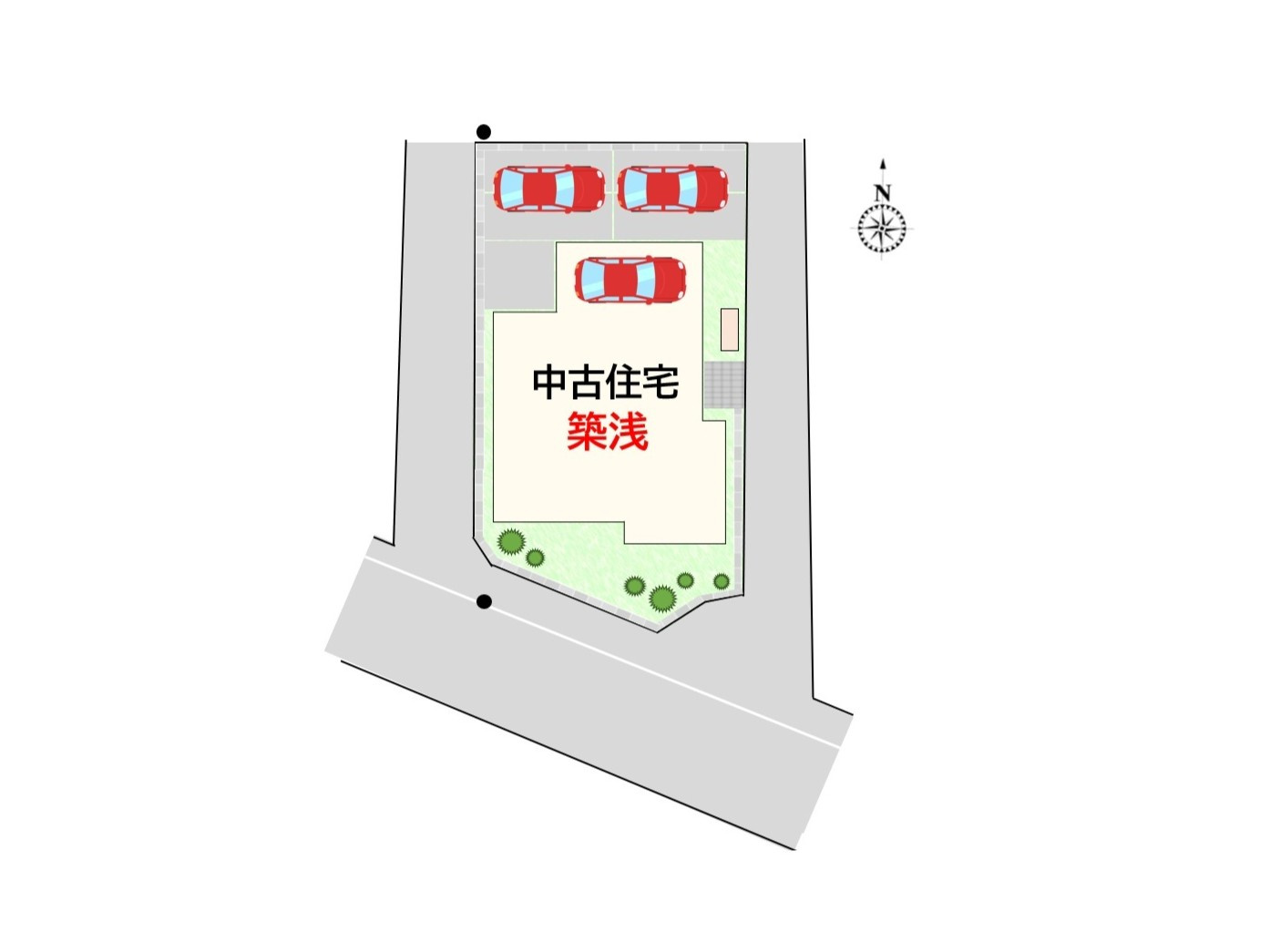行田市前谷　配置イメージ　日当たりの良い南道路接道。駐車スペースは車３台分！北側に配置されているので、夏場安心♪さらにガレージもあるので強い陽射しから車を守れます。