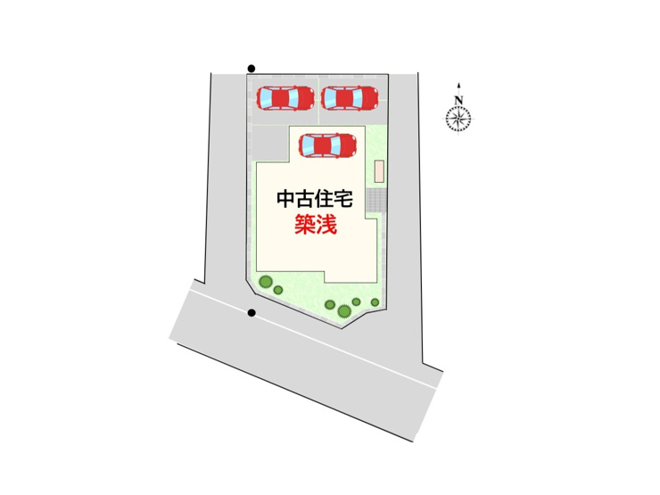 行田市前谷　配置イメージ　日当たりの良い南道路接道。駐車スペースは車３台分！北側に配置されているので、夏場安心♪さらにガレージもあるので強い陽射しから車を守れます。
