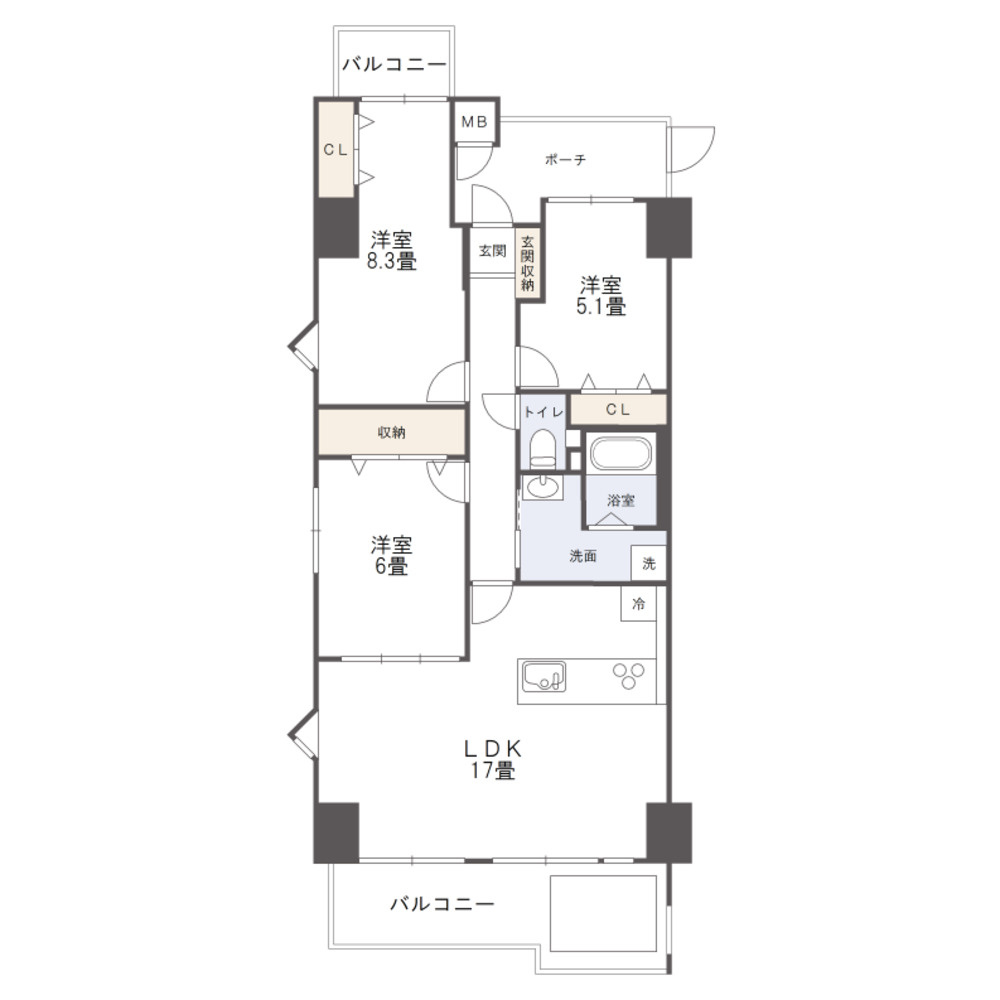 サーパス西古松Ⅱの間取り|間取り図になります。
専有面積80.83㎡のお部屋になります。