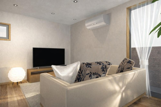 【完成予想図】 | 下京区梅小路高畑町　建築条件付 | 《1号地-LDKステージングイメージパース》
※家具・小物はCGによるインテリアイメージであり、家具の設置サイズを保証するものではございません。