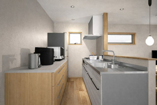 【完成予想図】 | 下京区梅小路高畑町　建築条件付 | 《1号地-LDKステージングイメージパース》
※家具・小物はCGによるインテリアイメージであり、家具の設置サイズを保証するものではございません。