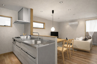 【完成予想図】 | 下京区梅小路高畑町　建築条件付 | 《1号地-LDKステージングイメージパース》
※家具・小物はCGによるインテリアイメージであり、家具の設置サイズを保証するものではございません。