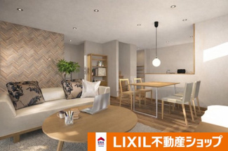 【外観】 | 下京区梅小路高畑町　建築条件付 | 《1号地-LDKステージングイメージパース》
※家具・小物はCGによるインテリアイメージであり、家具の設置サイズを保証するものではございません。