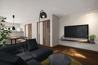 【完成予想図】 | 下京区梅小路高畑町　建築条件付 | 《2号地-LDKステージングイメージパース》
※家具・小物はCGによるインテリアイメージであり、家具の設置サイズを保証するものではございません。