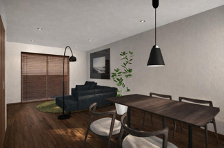 【完成予想図】 | 下京区梅小路高畑町　建築条件付 | 《2号地-LDKステージングイメージパース》
※家具・小物はCGによるインテリアイメージであり、家具の設置サイズを保証するものではございません。