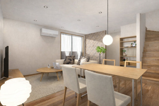 【完成予想図】 | 下京区梅小路高畑町　建築条件付 | 《1号地-LDKステージングイメージパース》
※家具・小物はCGによるインテリアイメージであり、家具の設置サイズを保証するものではございません。