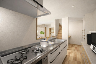 【完成予想図】 | 下京区梅小路高畑町　建築条件付 | 《1号地-LDKステージングイメージパース》
※家具・小物はCGによるインテリアイメージであり、家具の設置サイズを保証するものではございません。