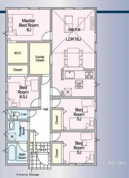 杉戸町遠野第3　新築一戸建て　01　クレイドルガーデンの間取り|勾配天井採用でより開放的に感じられる16帖リビング♪