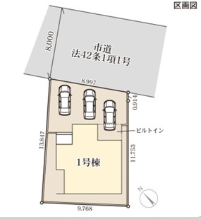 日立市助川町3期の区画図|1号棟間取り図です。3LDK+パントリー各居室に収納