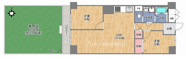 【間取り】 | 久宝寺グリーンマンション | 端部屋☆南側は通路で隣部屋と接していません♪【ゆったり2LDK＋広い専用庭付き☆】室内リフォーム済みです☆