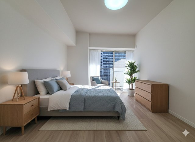 三郷　スカイマンションの洋室|落ち着いた色合いのフローリングです。※家具をCGで加工しており、家具付き販売ではございません。