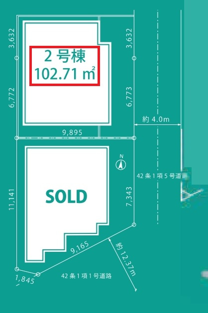 所沢市花園4丁目・全2棟　新築一戸建　2号棟の区画図|【全2棟・2号棟】
東側位置指定道路4ｍに接道しています。