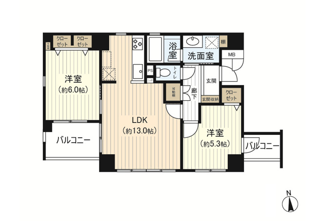 【間取り】 | ベル・アーバニティ同心 | 室内改装済！(2026年1月)
バルコニーが２か所ある2LDK♪
