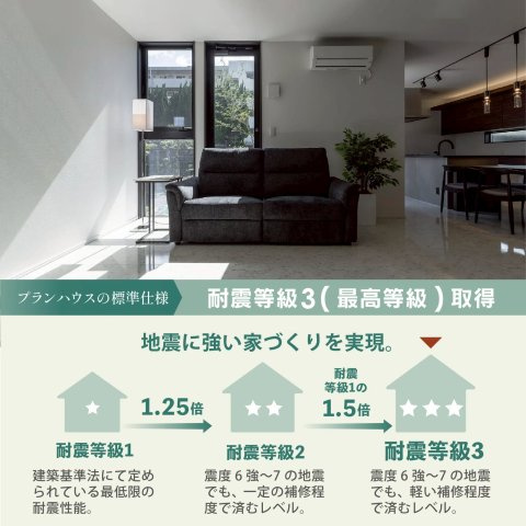 プランタウン新垢田南町の構造・工法・仕様|もしもの時に備える強さ。
最高等級の耐震等級3＋保険料も安心。