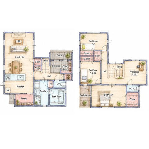 プランタウン新垢田南町の間取り|3LDK。LDK18帖、7.5帖、5.25帖、5帖+フリースペース5.25帖