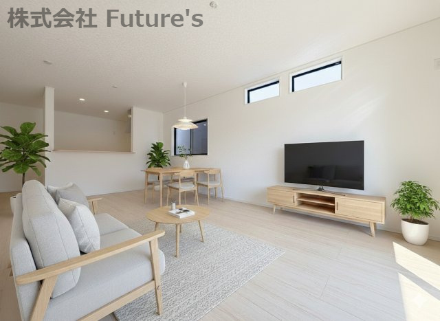 三郷市早稲田6丁目　新築戸建　全4棟　4号棟の居間・リビング|現況の物件写真にCGによる画像処理を行っています。家具、家電、小物、カーテン等はイメージはCGです。