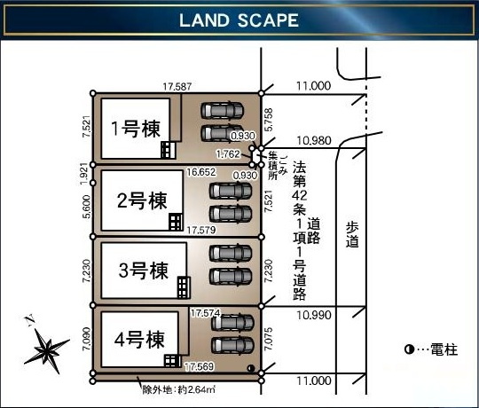 三郷市早稲田6丁目　新築戸建　全4棟　4号棟の区画図|前面道路約11ｍで駐車もしやすい立地です