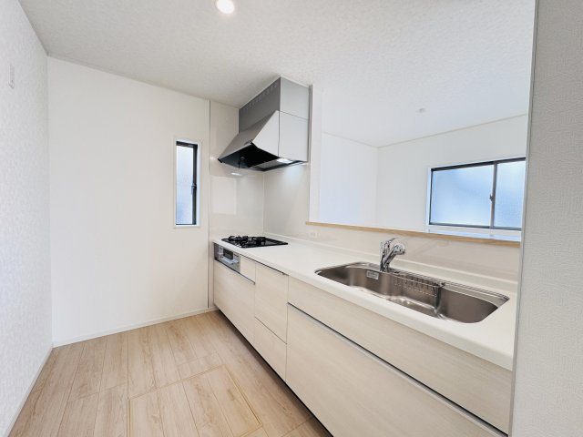三郷市早稲田６丁目新築戸建【前間小学校：9分】のキッチン|広々システムキッチン・シンクの水栓には浄水器がついてます！