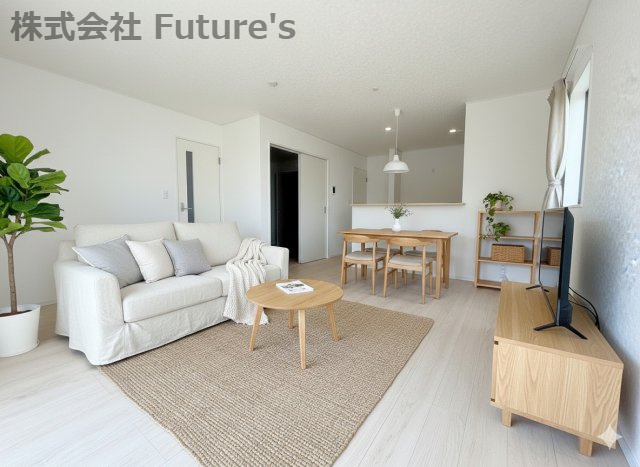 三郷市早稲田6丁目　新築戸建　全4棟　2号棟の居間・リビング|現況の物件写真にCGによる画像処理を行っています。家具、家電、小物、カーテン等はイメージはCGです。