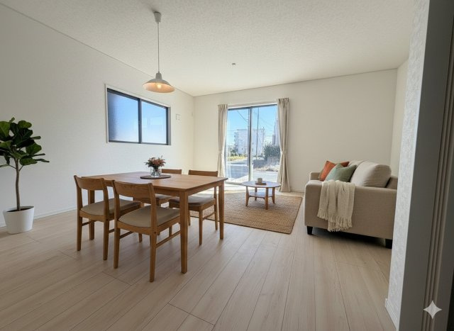 三郷市早稲田6丁目　新築戸建　全4棟　2号棟の居間・リビング|現況の物件写真にCGによる画像処理を行っています。家具、家電、小物、カーテン等はイメージはCGです。