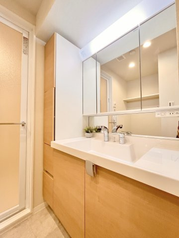 トーア平井マンションの独立洗面台|清潔感のある色で統一されたプライベート空間は、身だしなみチェックや肌のお手入れに最適です。収納もあり、スッキリと見映えの良い空間に拵えました。