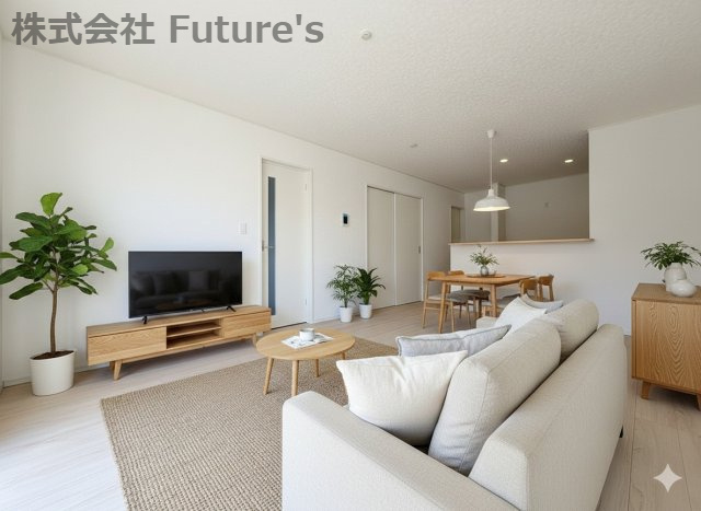 三郷市早稲田6丁目　新築戸建　全4棟　3号棟の居間・リビング|現況の物件写真にCGによる画像処理を行っています。家具、家電、小物、カーテン等はイメージはCGです。