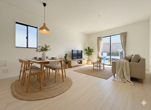 三郷市早稲田6丁目　新築戸建　全4棟　3号棟の居間・リビング|現況の物件写真にCGによる画像処理を行っています。家具、家電、小物、カーテン等はイメージはCGです。