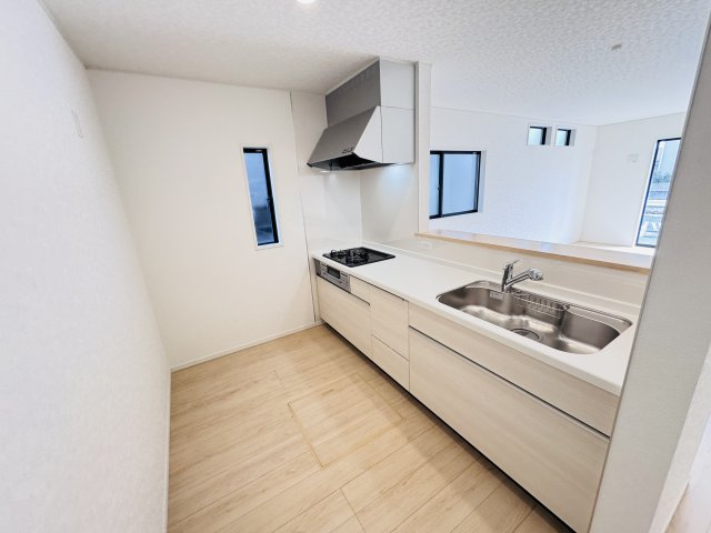 三郷市早稲田６丁目新築戸建【前間小学校：9分】のキッチン|広々システムキッチン・シンクの水栓には浄水器がついてます！