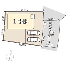 笠間市吉岡第1　新築戸建て　1号棟の区画図|カースペース並列2台可能♪庭付き！