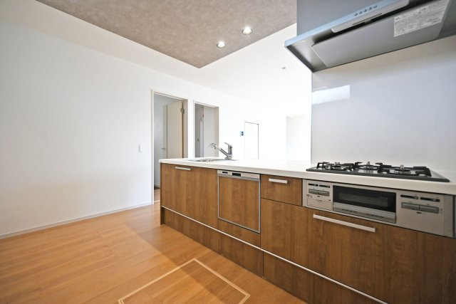 テラシエ荻野3丁目新築一戸建て│4LDK+駐車駐輪のキッチン|1階キッチン奥側から撮影した写真です。浄水器一体型水栓、フラット整流板、食器洗い乾燥機などの充実した設備内容です。