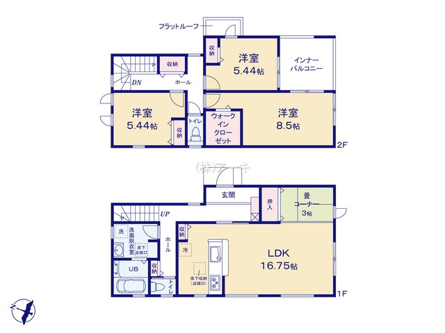 高浜市湯山町8丁目14-6『仲介手数料無料』新築一戸建て・建売の間取り|　１F:LDK16.75帖に隣接する畳コーナー3帖はお子様の遊び場・奥様の家事室に便利！2F:主寝室8.5帖　WIC設置！洋室5.44帖・洋室5.44帖　CL設置♪ホール収納♪南面ワイドバルコニー♪